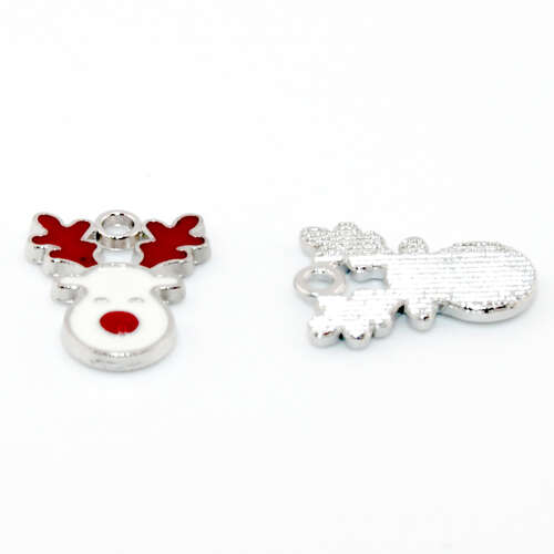 Red & White Reindeer Face Enamel Charm - Platinum - 2 Pieces
