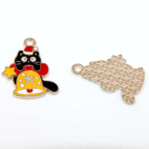 Cat on a Christmas Bell Enamel Charm - Pale Gold - 2 Pieces