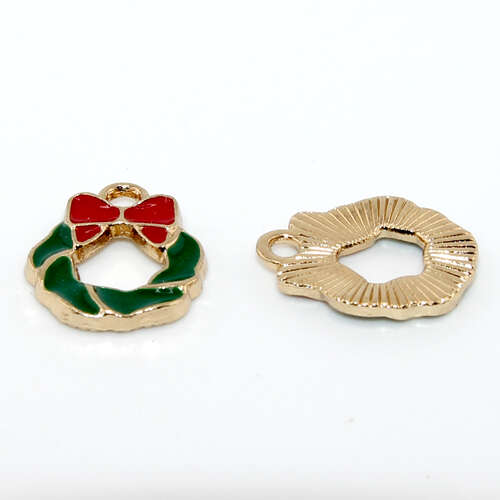 Red & Green Christmas Wreath Enamel Charm - Pale Gold - 2 Pieces
