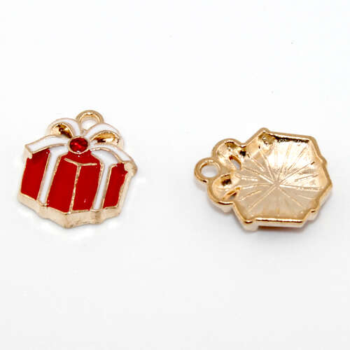 Red & White Christmas Present with Rhinestone Enamel Charm - Pale Gold - 2 Pieces