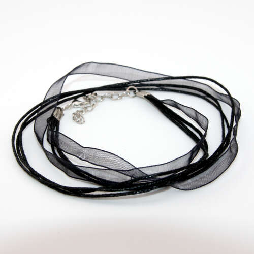Black 45cm 4 Strand Necklace - Waxed Cotton & Organza Ribbon - Pack of 5 - Platinum Plated