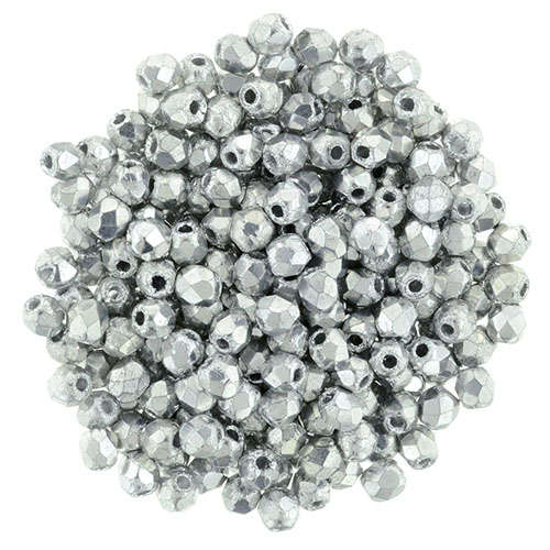 2mm - Silver - Faceted Round Firepolish - 50 Bead Strand - 1-02-27000