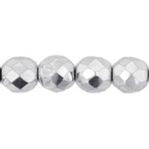 8mm - Silver - Faceted Round Firepolish - 25 Bead Strand - 1-08-27000