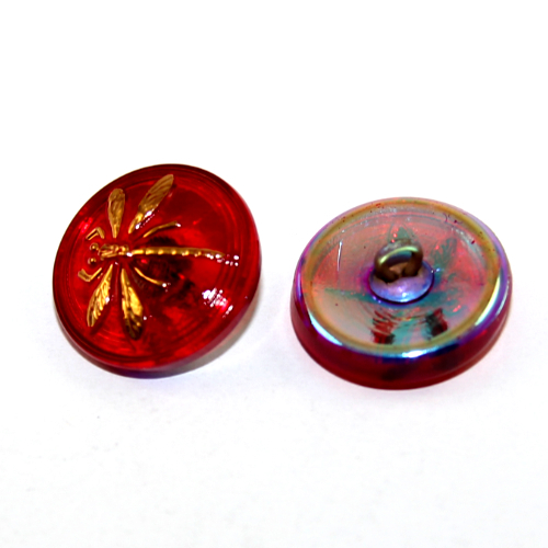 18mm Handmade Gold Dragonfly Czech Glass Button - Ruby