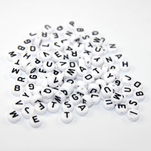 7mm Alphabet Acrylic Flat Round Bead Mix - White & Black - 200 Piece Bag