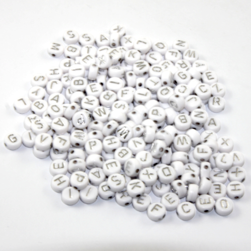7mm Alphabet Acrylic Flat Round Bead Mix - White & Silver - 200 Piece Bag