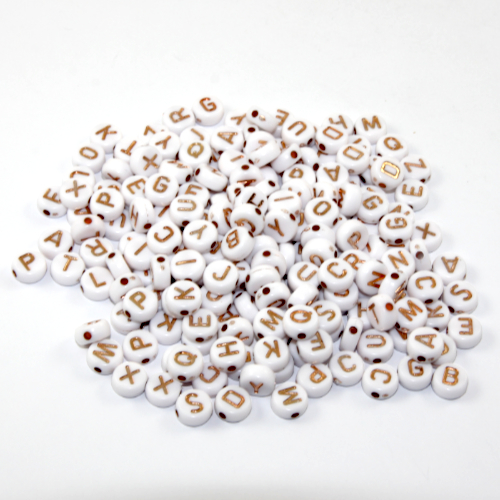7mm Alphabet Acrylic Flat Round Bead Mix - White & Rose Gold - 200 Piece Bag