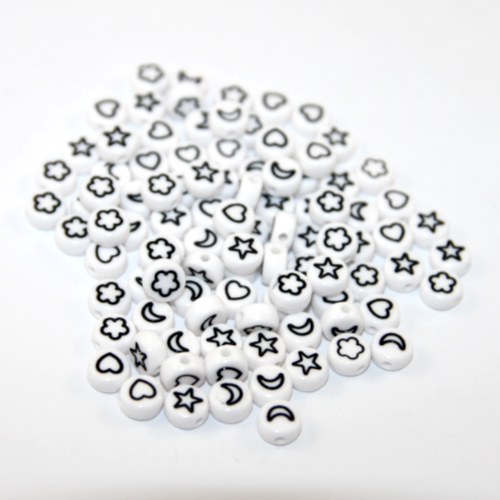 7mm Heart, Star & Flower Acrylic Flat Round Bead Mix - White & Black - 100 Piece Bag