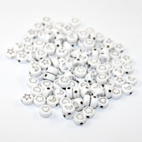 7mm Heart, Star & Flower Acrylic Flat Round Bead Mix - White & Silver - 100 Piece Bag