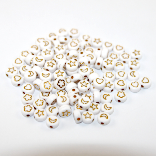 7mm Heart, Star & Flower Acrylic Flat Round Bead Mix - White & Gold - 100 Piece Bag