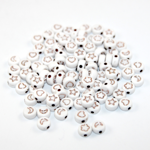 7mm Heart, Star & Flower Acrylic Flat Round Bead Mix - White & Rose Gold - 100 Piece Bag