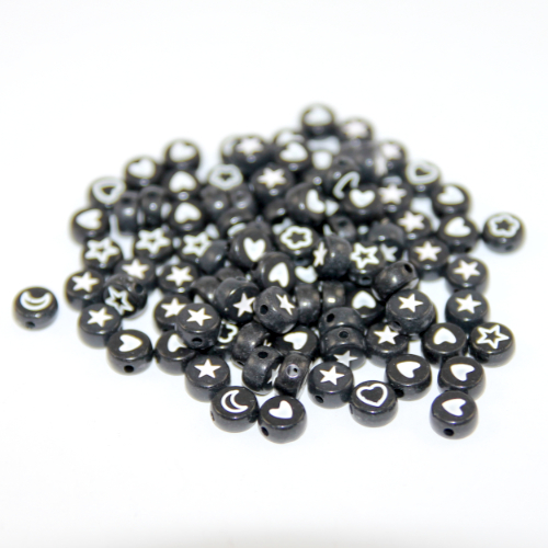 7mm Heart, Star & Flower Acrylic Flat Round Bead Mix - Black & White - 100 Piece Bag