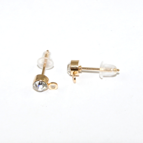 4mm Rhinestone Stud with Drop - Pair with rubber back - Bright Gold