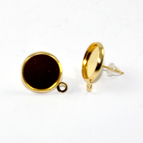12mm Cabochon Setting Ear Studs with Drop - Pair with Rubber Backs - Bright Gold