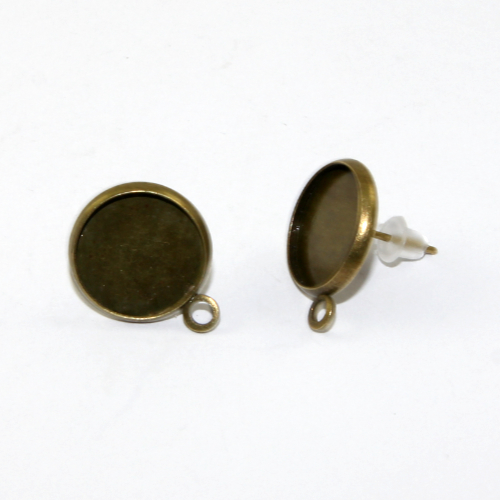 12mm Cabochon Setting Ear Studs with Drop - Pair with Rubber Backs - Antique Bronze