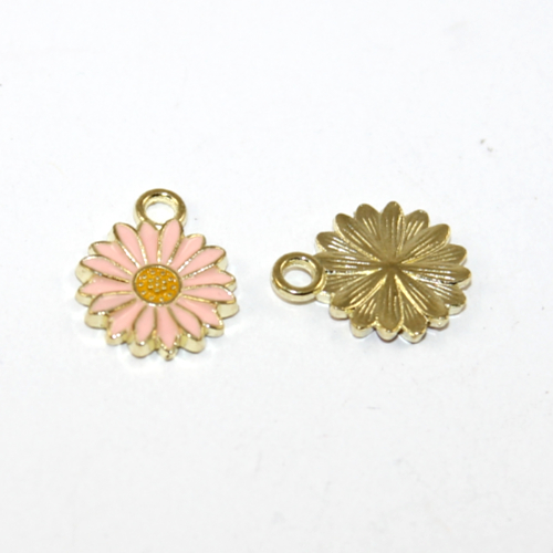 13mm x 16mm Pink Enamel Flower Charm - Pale Gold - 2 Pieces