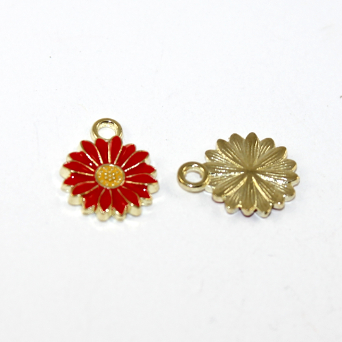 13mm x 16mm Red Enamel Flower Charm - Pale Gold - 2 Pieces