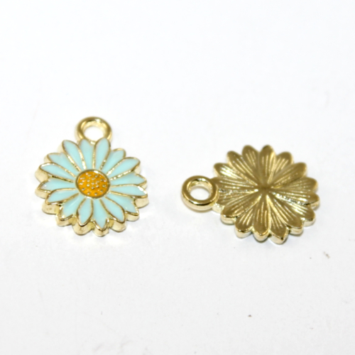 13mm x 16mm Blue Enamel Flower Charm - Pale Gold - 2 Pieces