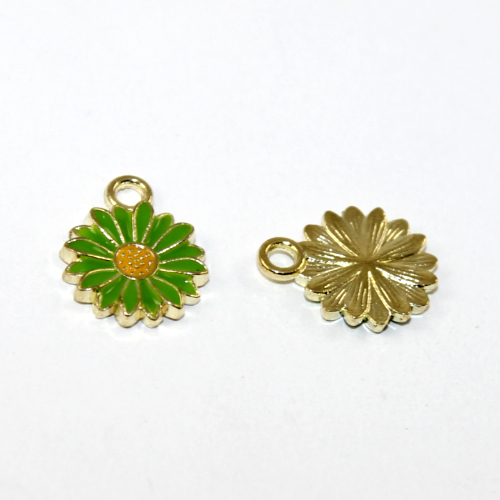 13mm x 16mm Green Enamel Flower Charm - Pale Gold - 2 Pieces