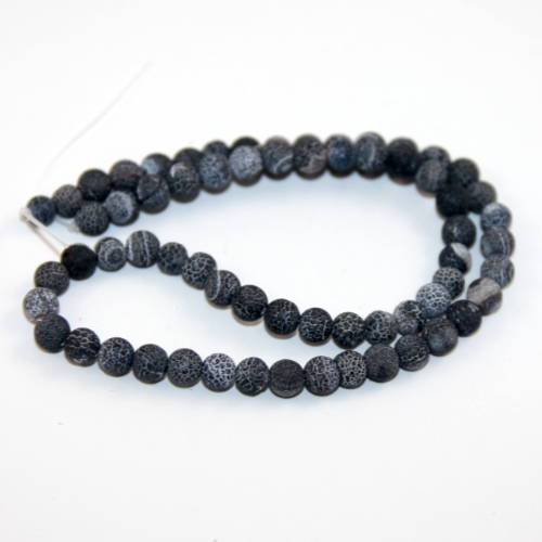 6mm Matte Cracked Agate Black Round Beads - 38cm Strand