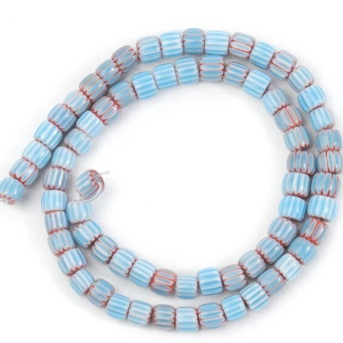 6mm Pale Blue & Red Nepalese Lampwork Beads - 38cm Strand