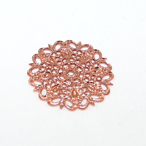 25mm Round Filigree - Peacock Feather Pattern - Rose Gold