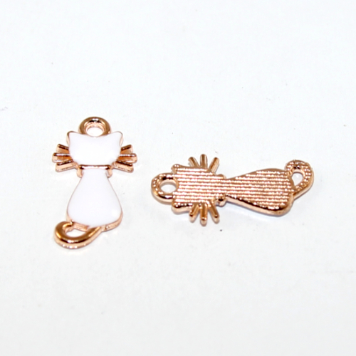 12mm x 22mm Enamel Cat Charm - White and Pale Gold - 2 Piece Pack