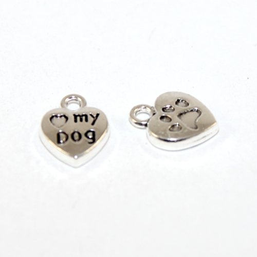 13mm x 10mm Love My Dog Heart Charm - 2 Pieces - Platinum