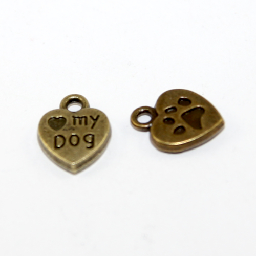 13mm x 10mm Love My Dog Heart Charm - 2 Pieces - Antique Bronze