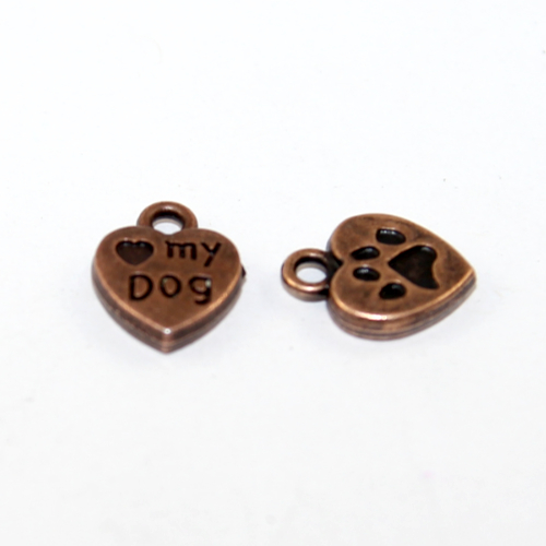 13mm x 10mm Love My Dog Heart Charm - 2 Pieces - Antique Copper