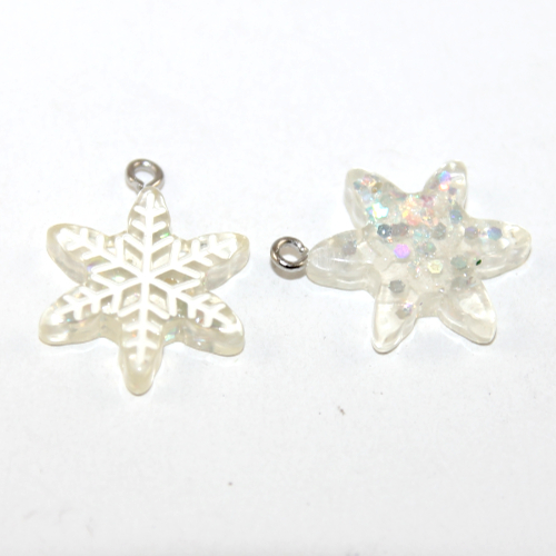 White Glitter Snowflake Resin Charm - Antique Silver - 2 Pieces