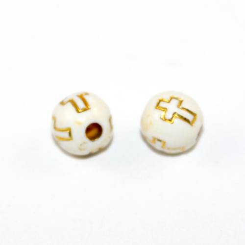 8mm Vintage White Acrylic Bead with Gold Cross - Bag of 20 