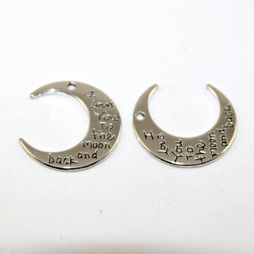 "I love you to the moon and back" Crescent Moon Charm - 30mm x 27mm - Platinum