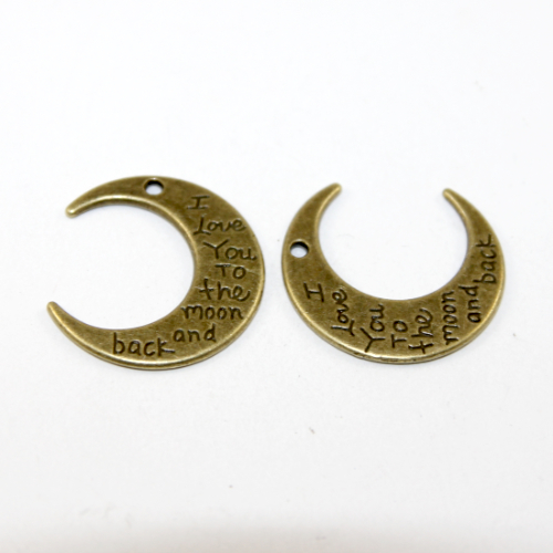 "I love you to the moon and back" Crescent Moon Charm - 29mm x 27mm - Antique Bronze