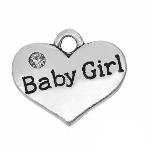 Baby Girl Heart Charm with Clear Rhinestone - Platinum