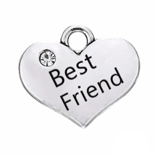 Best Friend Heart Charm with Clear Rhinestone - Platinum
