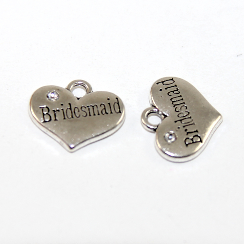 Bridesmaid Heart Charm with Clear Rhinestone - Platinum
