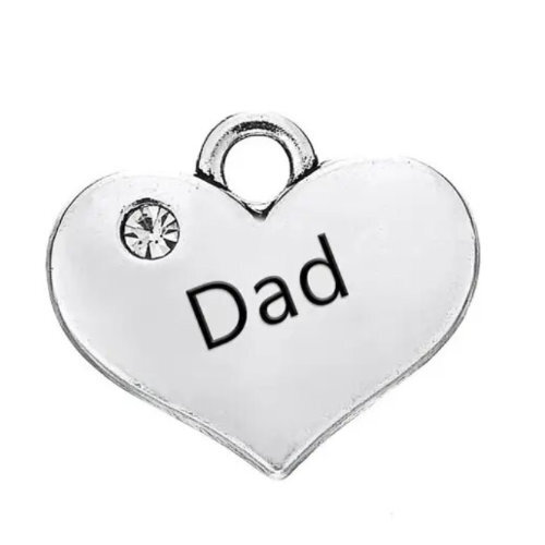 Dad Heart Charm with Clear Rhinestone - Platinum
