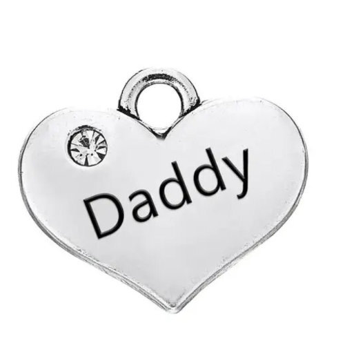 Daddy Heart Charm with Clear Rhinestone - Platinum