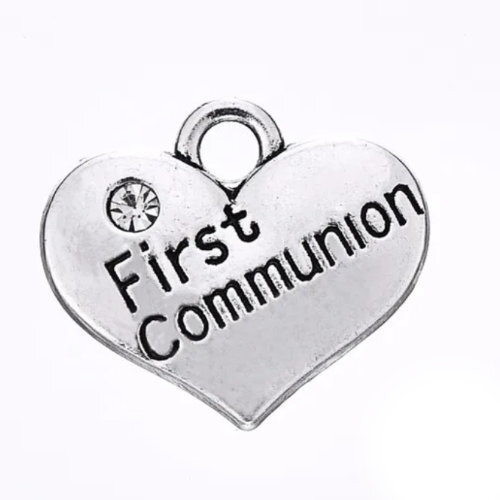 First Communion Heart Charm with Clear Rhinestone - Platinum