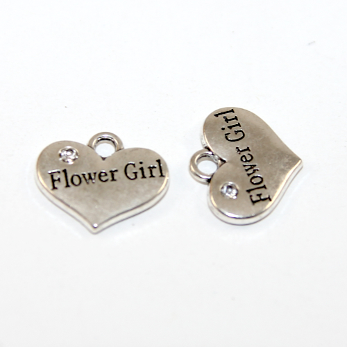 Flower Girl Heart Charm with Clear Rhinestone - Platinum