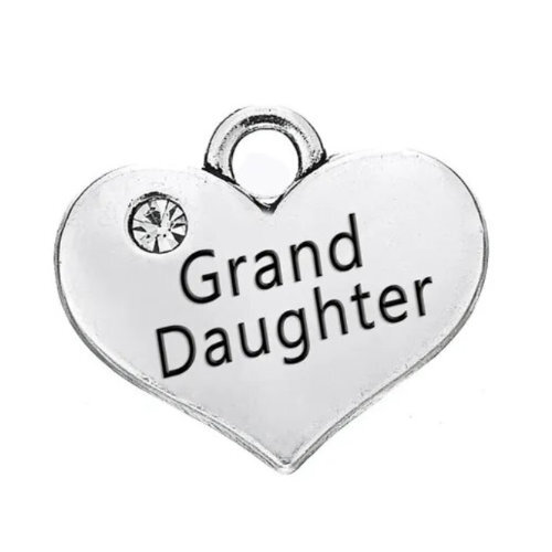 Grand Daughter Heart Charm with Clear Rhinestone - Platinum