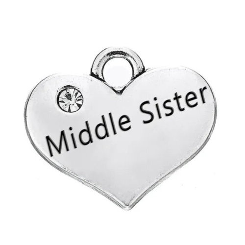 Middle Sister Heart Charm with Clear Rhinestone - Platinum
