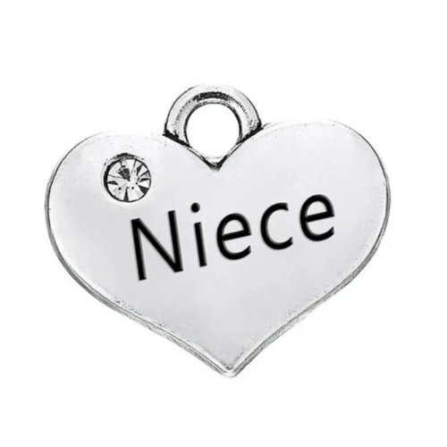 Niece Heart Charm with Clear Rhinestone - Platinum