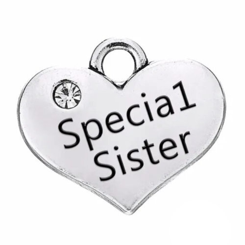 Special Sister Heart Charm with Clear Rhinestone - Platinum
