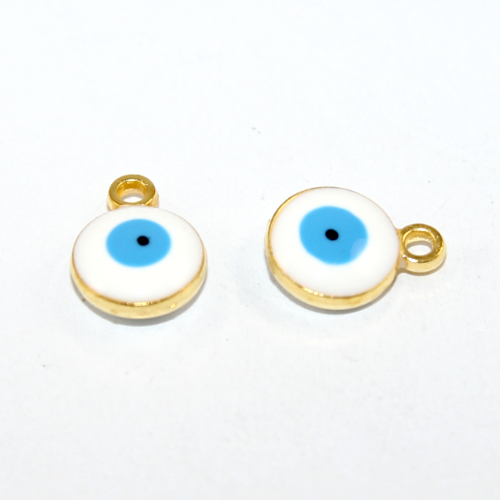 10mm Enamel Evil Eye Charm - White & Gold - 2 Pieces