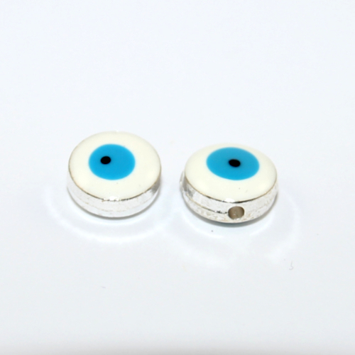 10mm Enamel Evil Eye Bead - White & Silver - 2 Pieces
