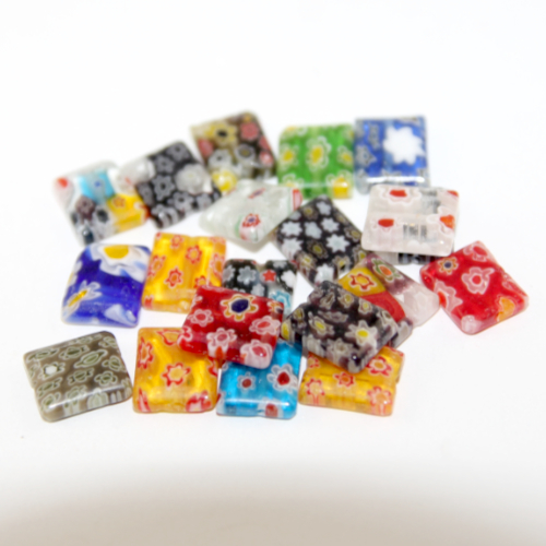 Mixed Colour 10mm x 12mm Flat Rectangle Millefiori Flower Beads  - 10 Piece Bag