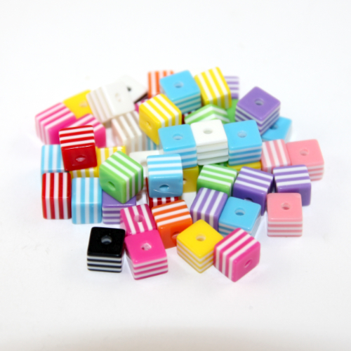 6.6mm x 8mm Mixed Colour White Striped Square Acrylic Bead Mix - 50 Piece Bag