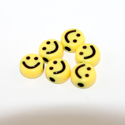 10mm Yellow & Black Smiley Face Flat Round Acrylic Bead - 50 Piece Bag